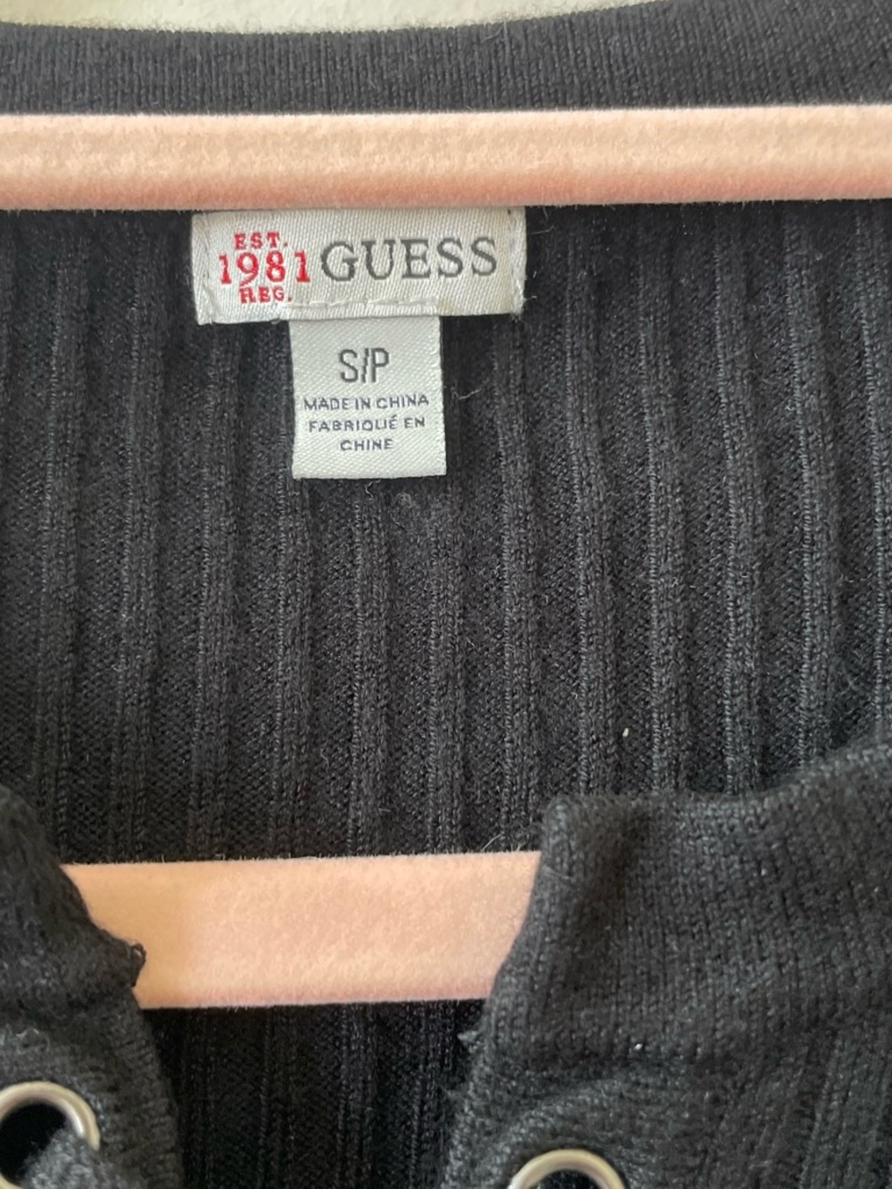 GUESS Black Ribbed Knit Top with Eyelet Detail